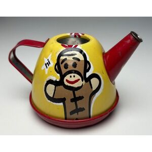 Sock Monkey Schylling Toy Teapot Small Yellow Tin Metal Play Kitchen